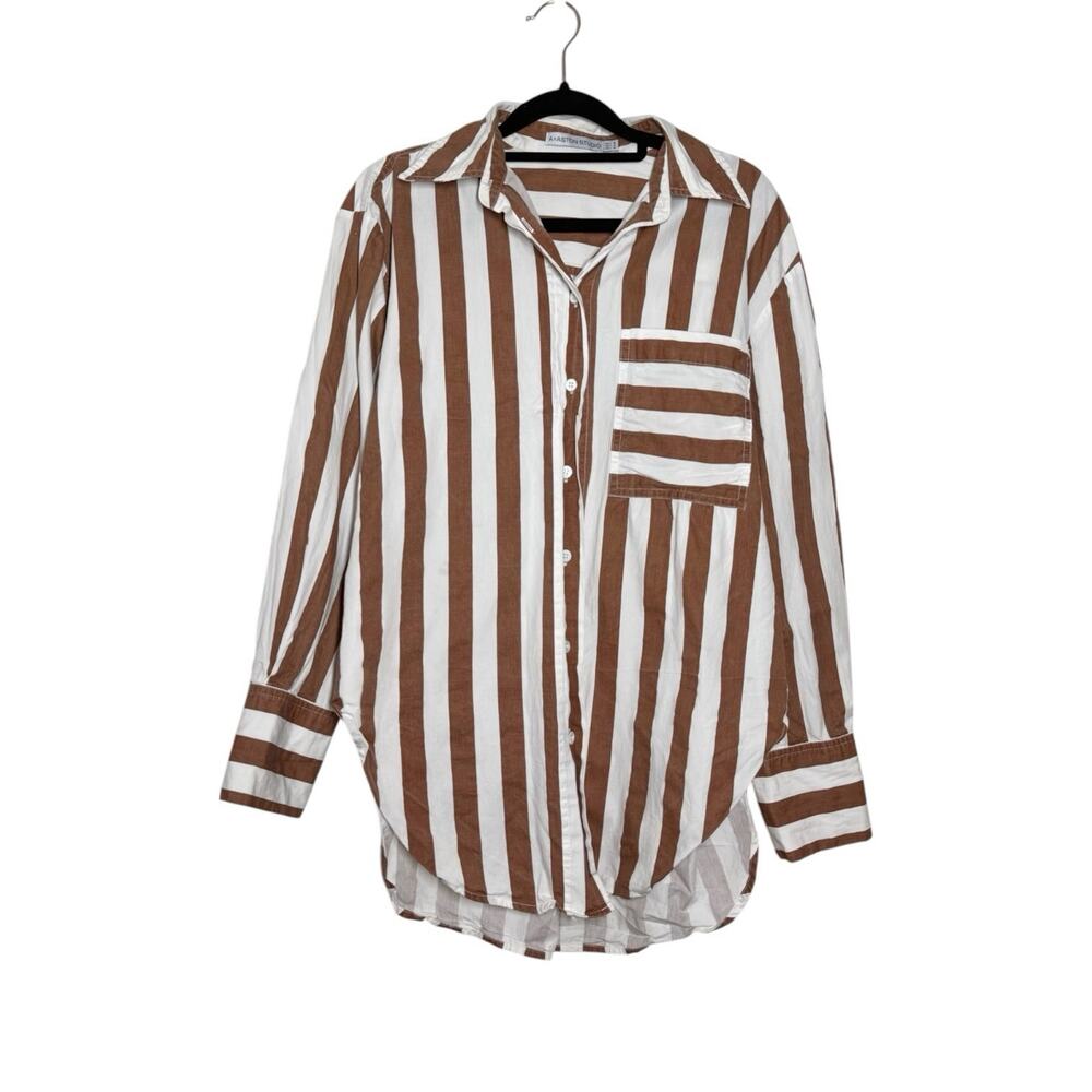 Aston Studio Cotton Brown White Striped Relaxed Button Up Buddy Shirt - 4 $330